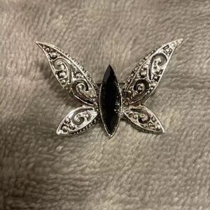 Vintage rhinestone black/silver filagree butterfly pin/brooch womens Jewelry